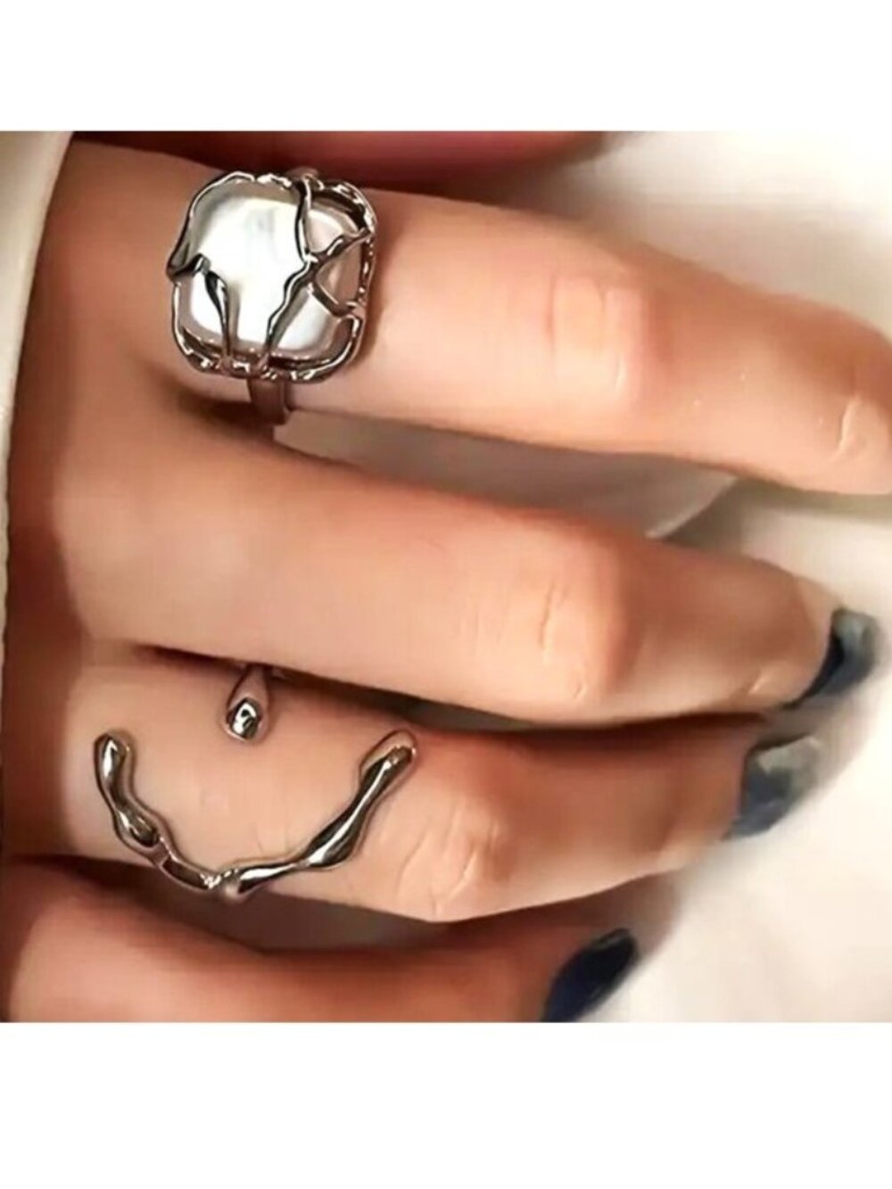Ornate 2pc Ring Set Pearl Adjustable Modern Boho Glam Style Fab Unique Hollywood - Picture 2 of 6